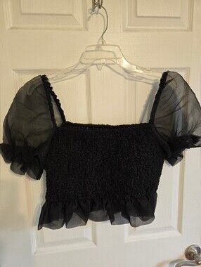 STAUD Black Chiffon Puff-sleeved Mock Designer Top NWOT Size M Romantic Gothic